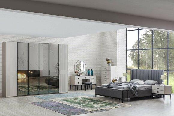 Hellgraues Schlafzimmer Set Komplett Möbel Bett Kleiderschrank Nachttische 7tlg