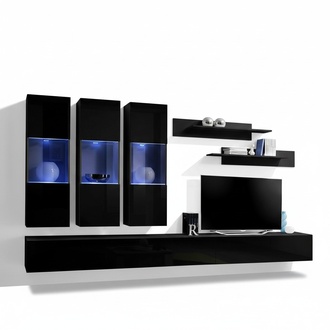 Set 7 tlg Wohnwand Holzmöbel 2x TV Ständer Moderne Wand Regale Schwarz