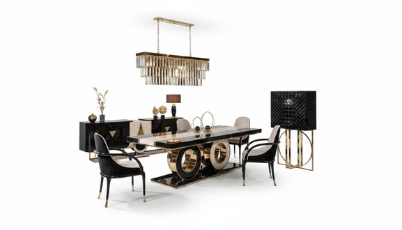 Set 8tlg Esstisch 4xStühle Sideboard Spiegel Vitrine Wohnzimmer Luxus Modern Neu