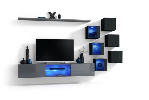 Set Modern Grau Einrichtung Wohnwand TV-Ständer Sideboard Holzmöbel Wandschrank