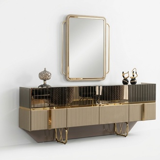 Sideboard mit Spiegel Kommode Schrank Gold Edelstahl Holz Luxusmöbel