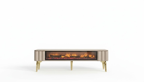 Sideboard RTV Wohnzimmer Luxusmöbel Kamin Beige MDF Metall Lowboard