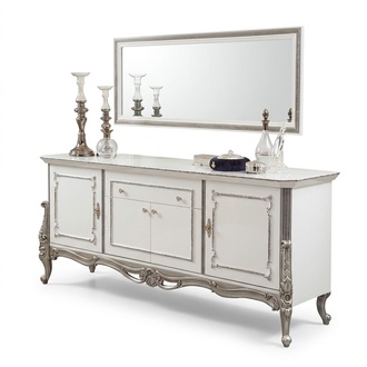 Sideboard Weiß Silber Anrichte Konsolen Italienischer Stil 2tlg. Spiegel