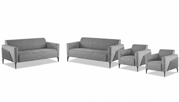 Sitzmöbel Komplett Modern Set 3-Sitzer Sessel Grau Textil Edelstahl Leder