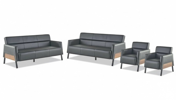 Sofa-Set 3-Sitzer 2x Sessel Schwarz Ledersofas Modern Leder Holz Weich