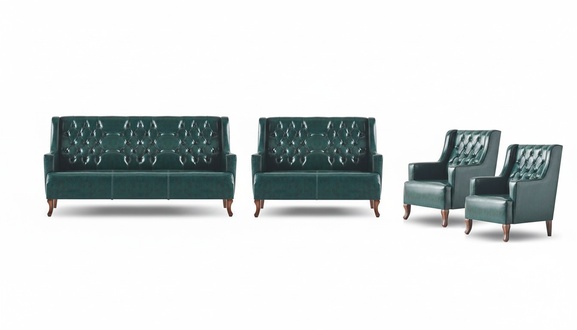 Sofa-Set Chesterfield Grün Klassisch Leder 3-Sitzer Sessel 2-Sitzer Holz