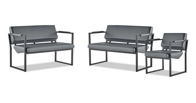 Sofa-Set Edelstahl Leder 2-Sitzer Sessel Schwarz Sofas Ledersofas Couch