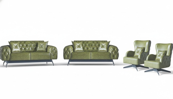 Sofa-Set Kissen Polster 2-Sitzer Leder Sessel Grün Sitzmöbel Chesterfield