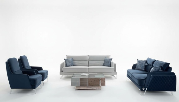 Sofagarnitur 3+3+1+1 Sitzer Blau Weiß Stoffbezug Chromfüße Modern Luxus Design