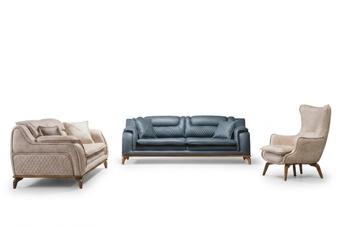 Sofagarnitur 3+3+1 Sitzer Blau Sessel Luxus Leder Sofa Couch Möbel