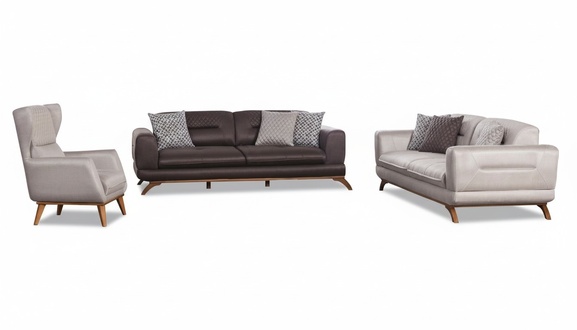 Sofagarnitur aus Textil für das Wohnzimmer in Hellgrau und Braun