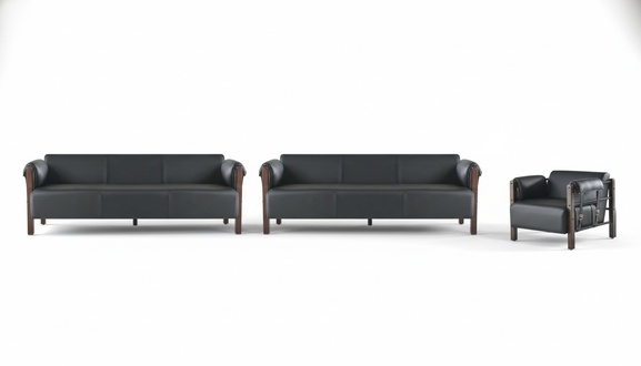 Sofagarnituren Sofa-Set 3-Sitzer Sessel Schwarz Holz Sofas Ledersofas