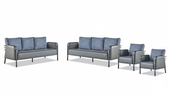 Sofas Polster Edelstahl Ledersofa-Set 3-Sitzer Sessel Grau Blau Textil