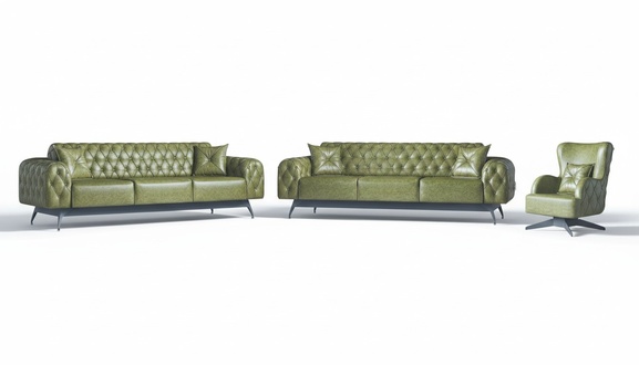 Sofas Set Couch 3-Sitzer Leder Sessel Grün Klassisch Chesterfield Polster 4tlg.