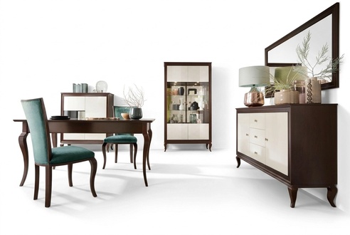 Stilvoller Esszimmer Set Vitrine Komplett Sideboard mit Spiegel Holzmöbel