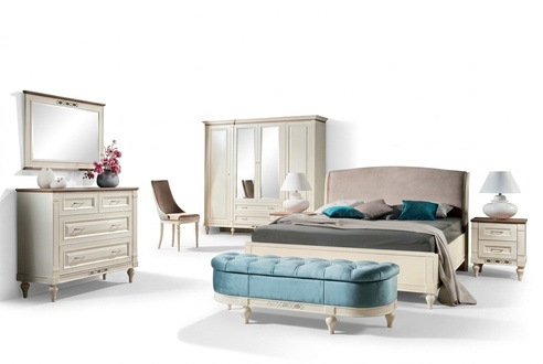 Stilvoller Schlafzimmer Komplett Set Bett mit 2x Nachttische Holz Kommode 6tlg