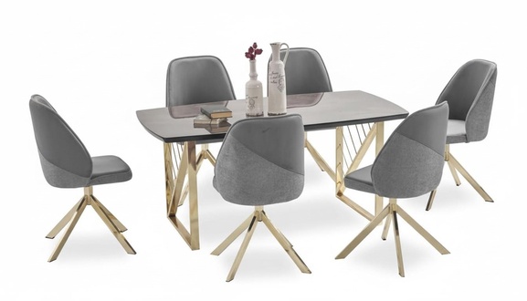 Stilvolles Esszimmer Set schwarz gold rechteckiger Tisch bequeme Stühle