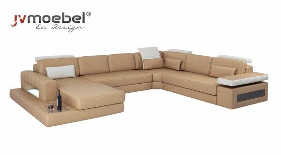 Wohnlandschaft Ecksofa Couch Hellbraun Leder Polster Sitz Ecke Sofa U Form Sofas