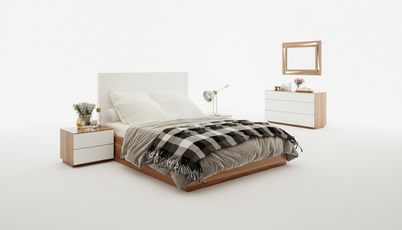 Weiß-Braunes Schlafzimmer Set Luxus Holzmöbel Bett Nachttische Kommode