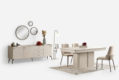 Weiße Esszimmer Garnitur Designer Essgruppe 6x Polsterstühle Anrichte