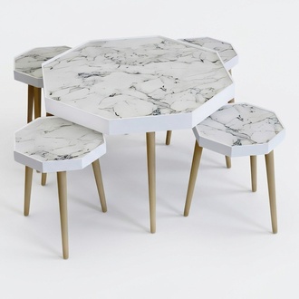 Design Couchtisch Set 5-teilig Heptagon Marmor-Optik Weiß