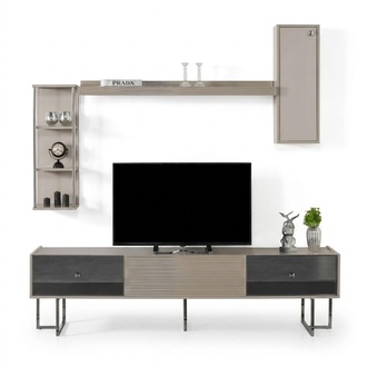 Wohnwand RTV Lowboard TV Ständer Schrank Holz Grau Regale Wohnzimmer