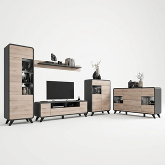 Wohnwand Set 5 tlg Wohnzimmer TV-Ständer Vitrine Regal Modern Garnitur Holzmöbel