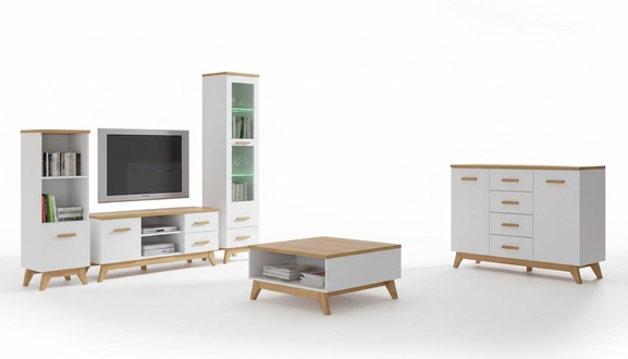 Wohnwand Wohnzimmer-Set Vitrine Lowboard Wandregal TV Tisch 5 tlgs Set