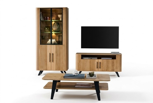 Wohnzimmer 2tlg Vitrine Holzmöbel TV Lowboard Luxuriöses Modern Komplett