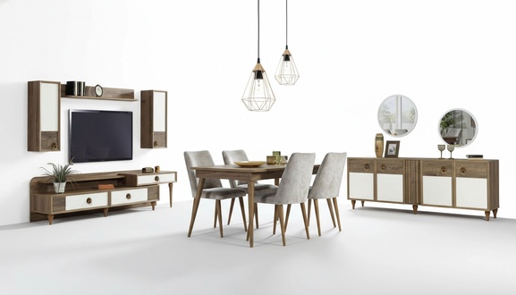 Wohnzimmer Anrichte mit Spiegel Garnitur Holz Braun Neu Modern Luxus