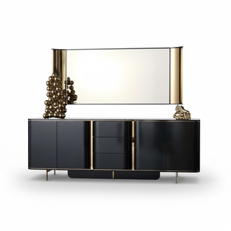 Wohnzimmer Anrichte Spiegel schwarz Kommode Holz Metall Stil Modern