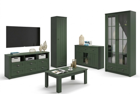 Wohnzimmer Komplettset Landhaus Möbel Set 5 tlg. Wohnwand Holz Kommode Tisch