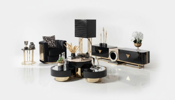 Wohnzimmer Set 5tlg Sessel Couchtisch Sideboard mit Spiegel Vitrine Luxus Holz