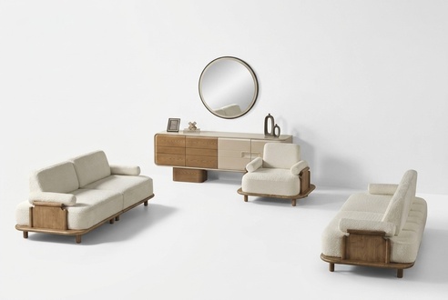 Wohnzimmer Set Sofa 3-Sitzer Sessel Konsole Spiegel Weiß Stoff Glas Modern