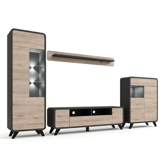 Wohnzimmer Set Wandregal TV-Ständer Holzmöbel 2x Vitrine Wohnwand Neu