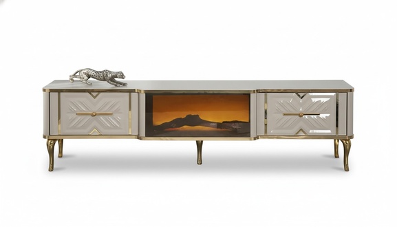 Wohnzimmer Sideboard weiß + gold Kamin Luxus RTV Lowboard Exclusive