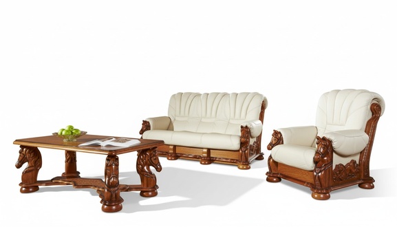 Wohnzimmer Sofagarnitur Couch Polster Sitz Sofa Leder Holz 3+2 Set