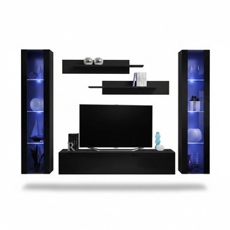 Wohnzimmer Wohnwand Lowboard Holz Wand Regale Design Schwarz Modern Set 5tlg
