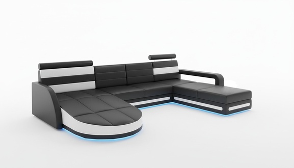 XXL WOHNLANDSCHAFT COUCH GARNITUR DESIGN ECKCOUCH Schwarz LEDERSOFA mit USB Neu