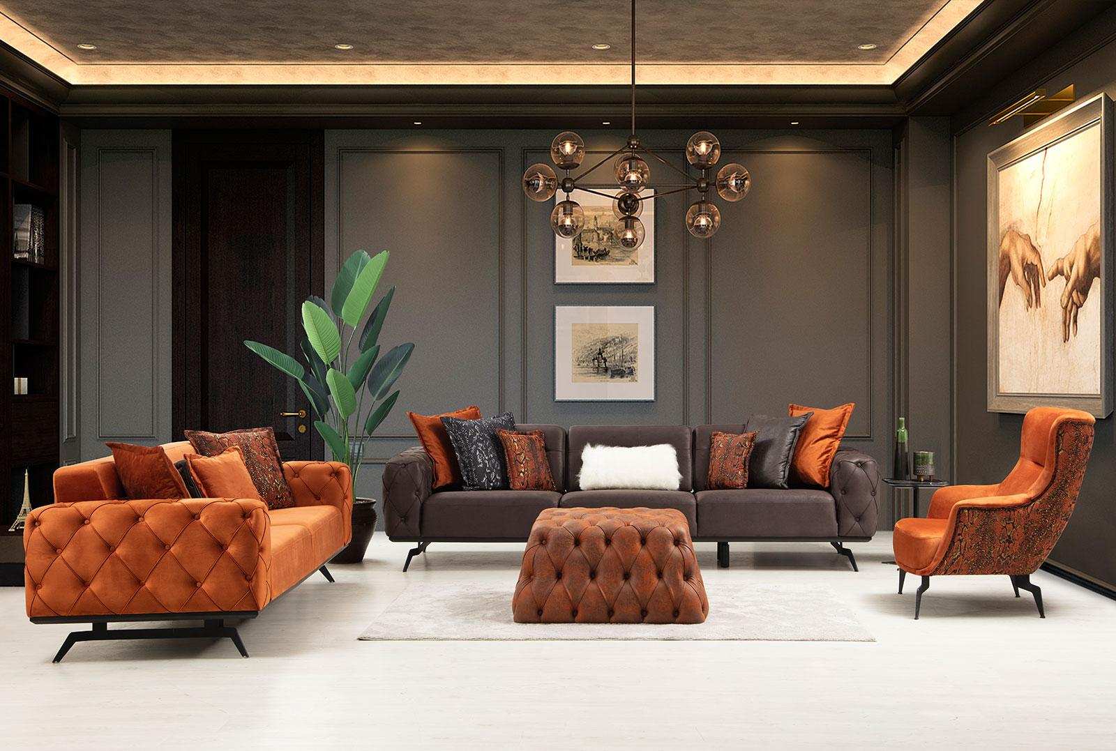 Couchgarnitur Viersitzer Dreisitzer Sessel Orange Sofa 3tlg Stoffsofa