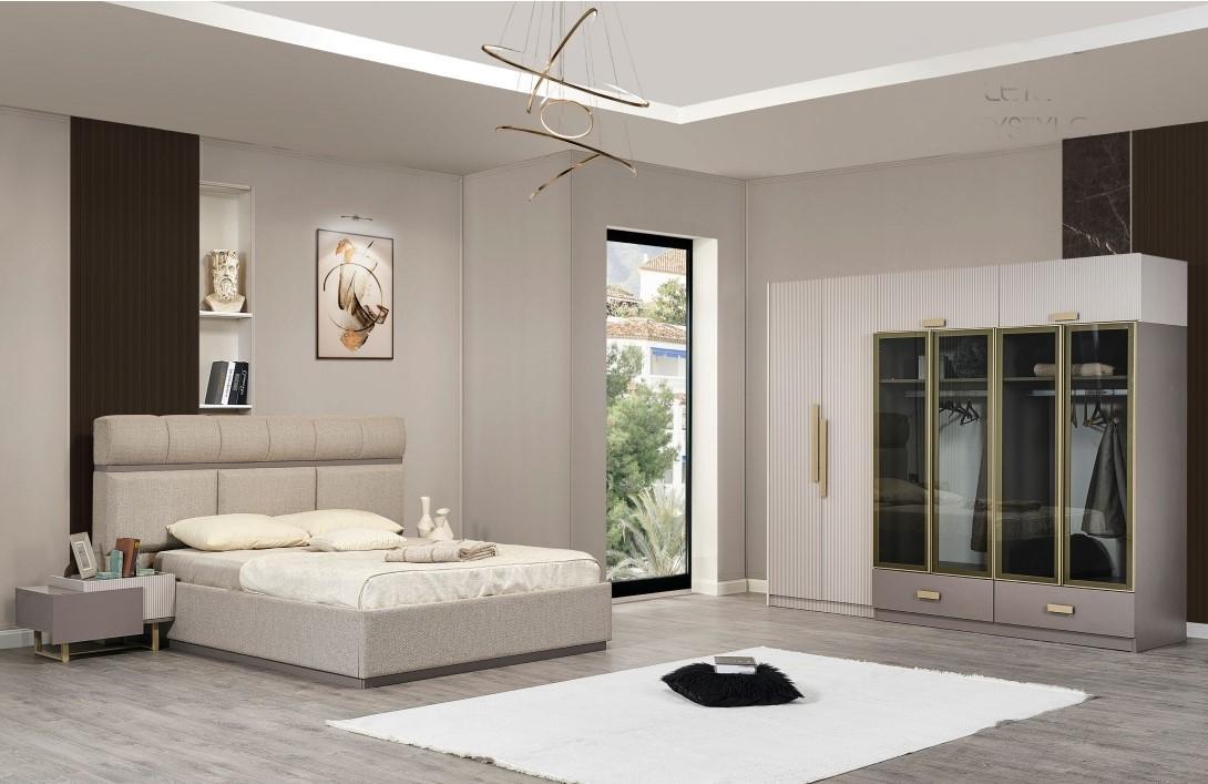 Garnitur Schlafzimmer Doppelbett Nachttische Kleiderschrank Beige 4tlg