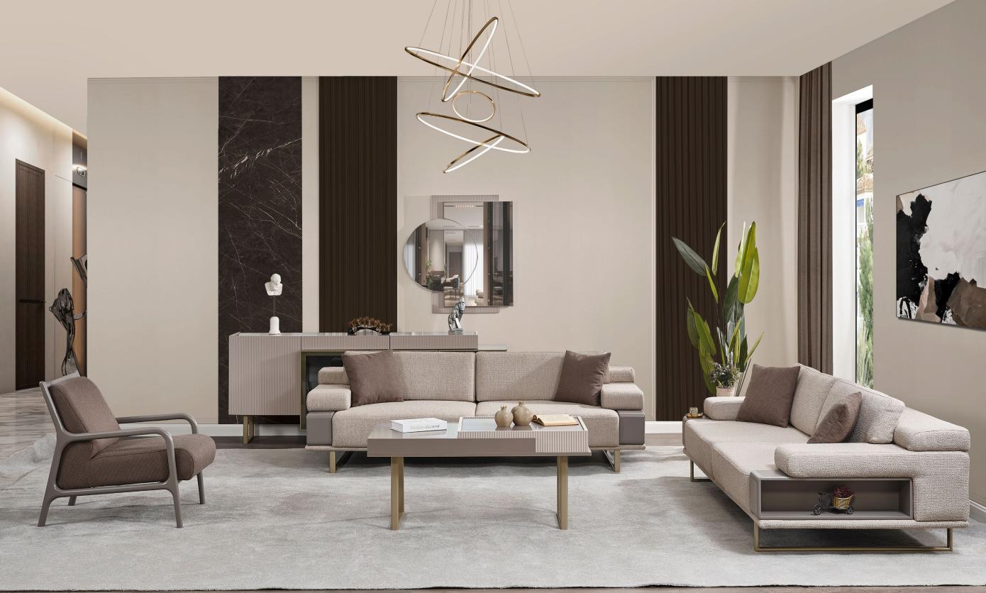 Komplette Dreisitzer Sessel Couch Beige Polstersofa Stoffsofa Set 3tlg