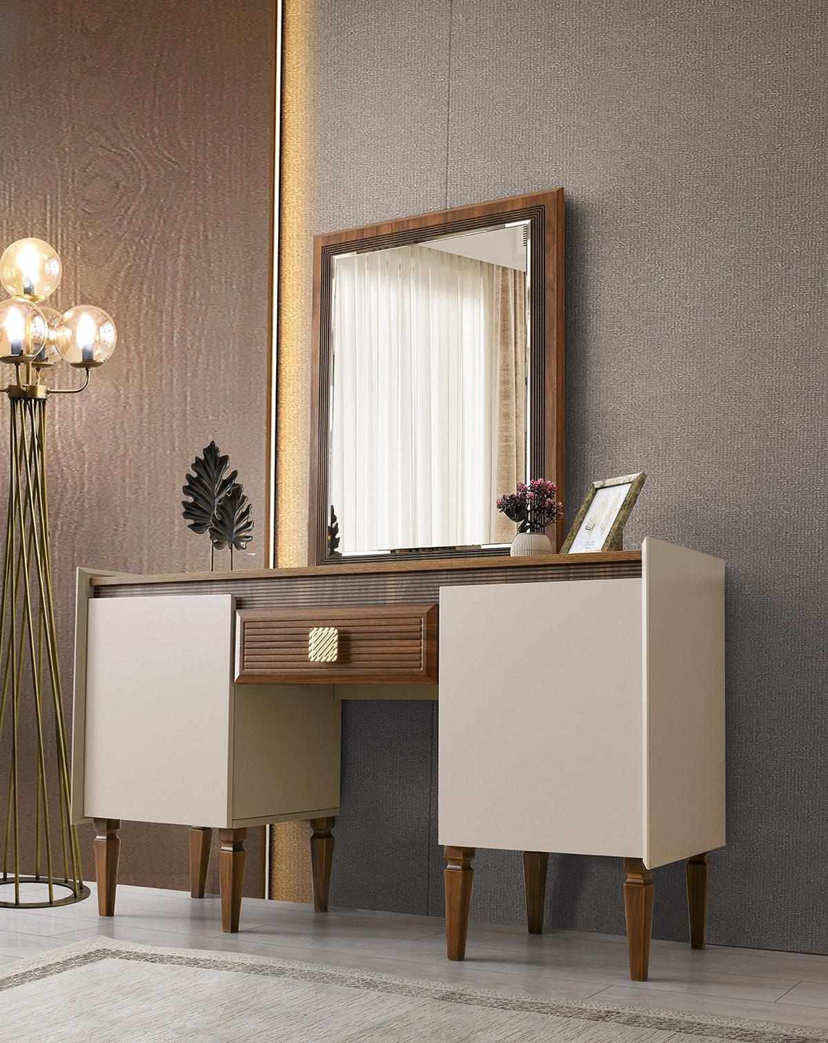 Schminktisch mit Spiegel Frisiertisch Beige Holz Schminkkonsole Design