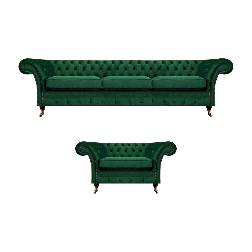 Polstermöbel Grün Sofa Dreisitze Couch Sessel Chesterfield 3+1 Sofagarnitur