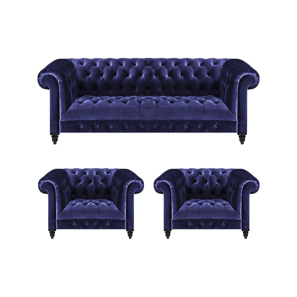 Blau Set 3tlg Chesterfield Komplett Sofa Dreisitze 2x Sessel Wohnzimmer Neu