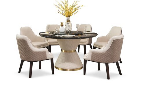 Moderner Esszimmer Set – Runder Esstisch aus Holz & Marmor mit 6 Stühl Sofort