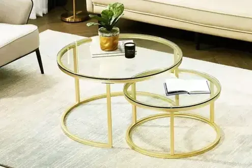 Couchtische 2 Teile Glas Tischplatte Metall goldfarbene Beine Wohnzimmermöbel