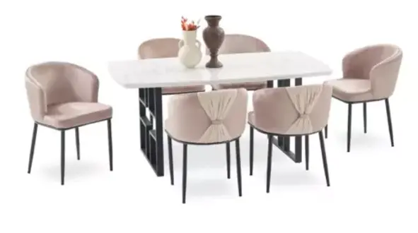 Modernes Esszimmer Set Rosa Schwarz gepolsterte Stühle rechteckiger Tisch